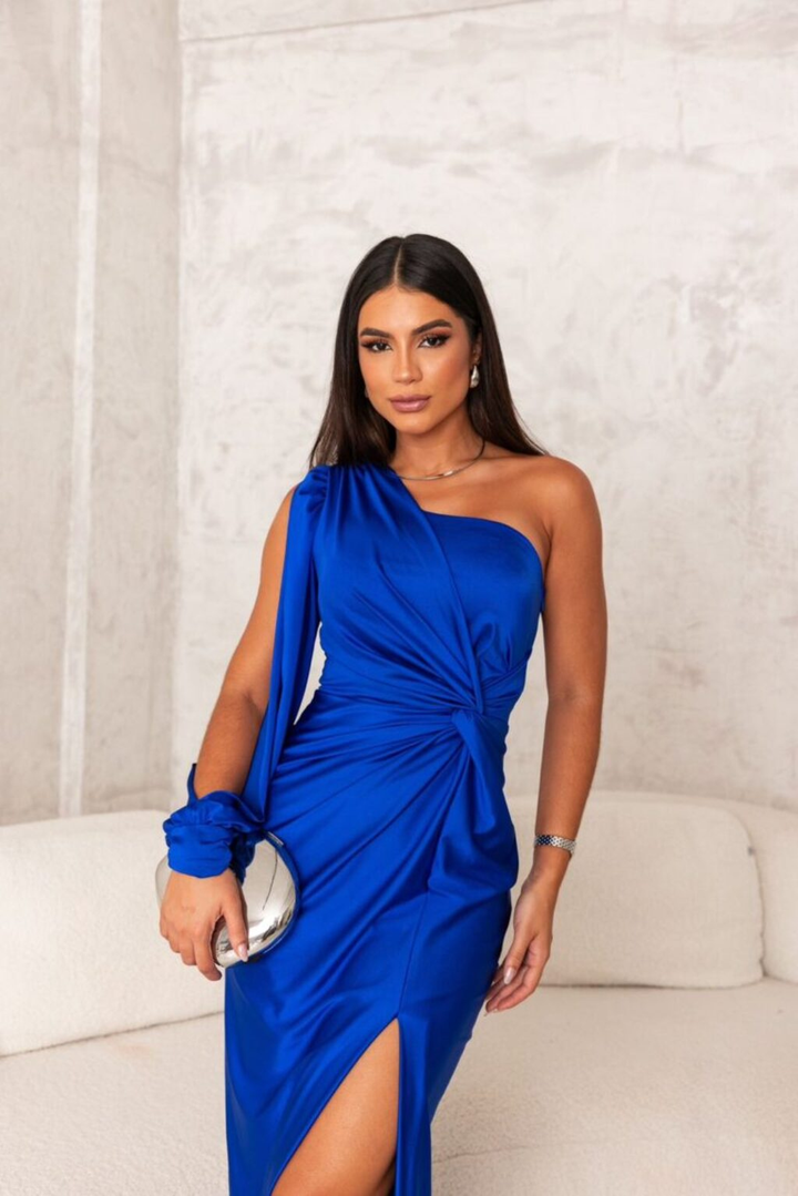 Marlowe | Women's Satin One-Shoulder Ruched Split Maxi Dress