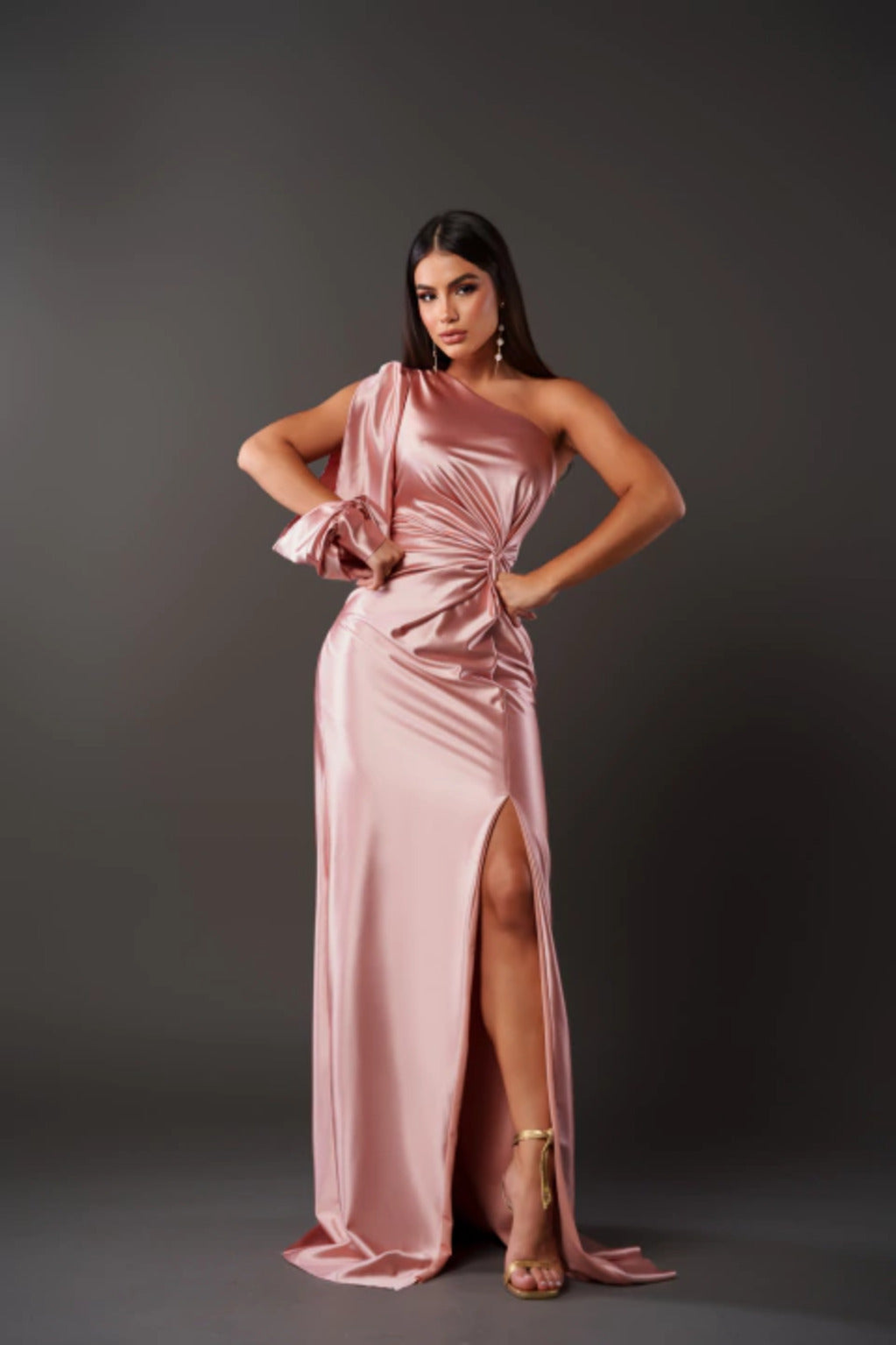 Marlowe | Women's Satin One-Shoulder Ruched Split Maxi Dress