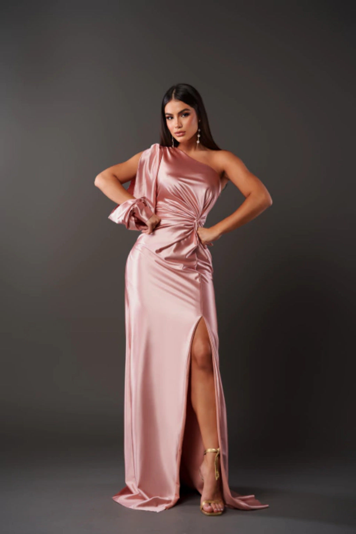 Marlowe | Women's Satin One-Shoulder Ruched Split Maxi Dress