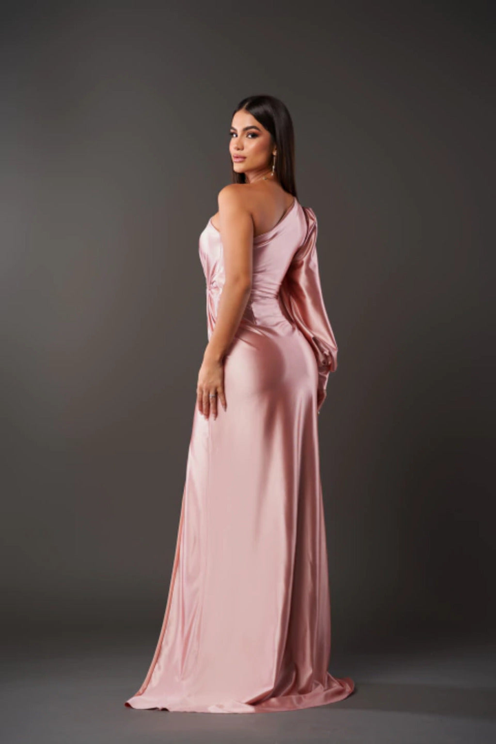 Marlowe | Women's Satin One-Shoulder Ruched Split Maxi Dress