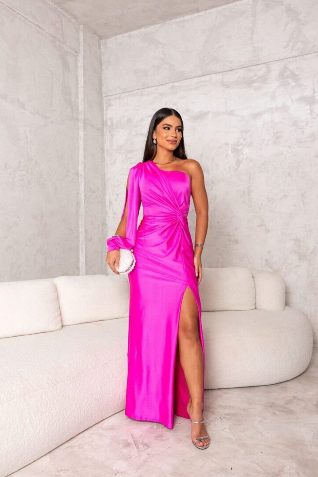 Marlowe | Women's Satin One-Shoulder Ruched Split Maxi Dress