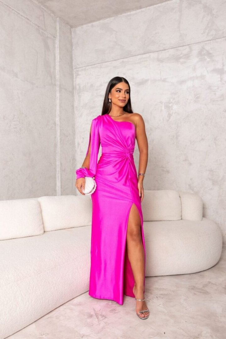 Marlowe | Women's Satin One-Shoulder Ruched Split Maxi Dress