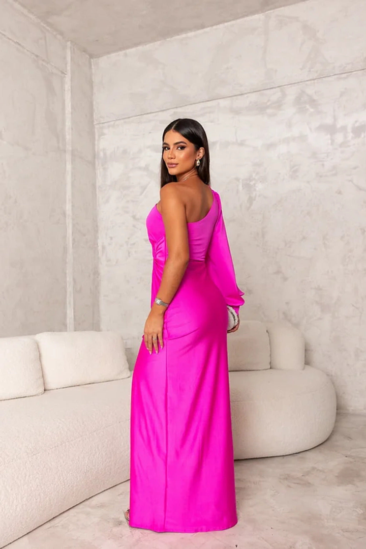 Marlowe | Women's Satin One-Shoulder Ruched Split Maxi Dress