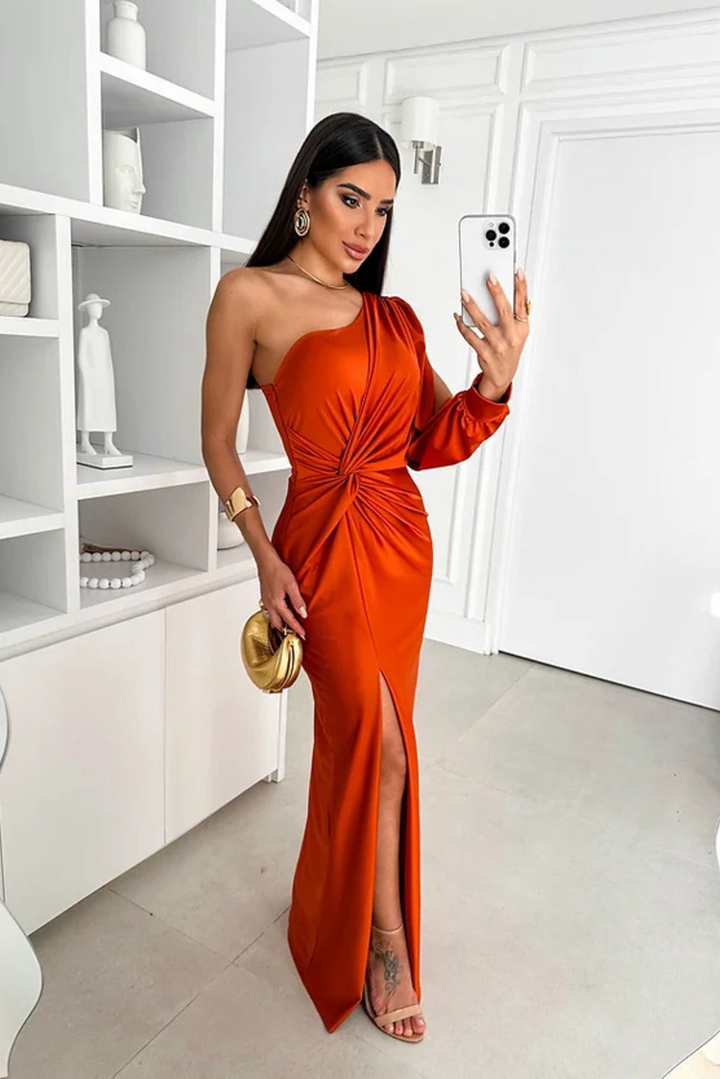 Marlowe | Women's Satin One-Shoulder Ruched Split Maxi Dress