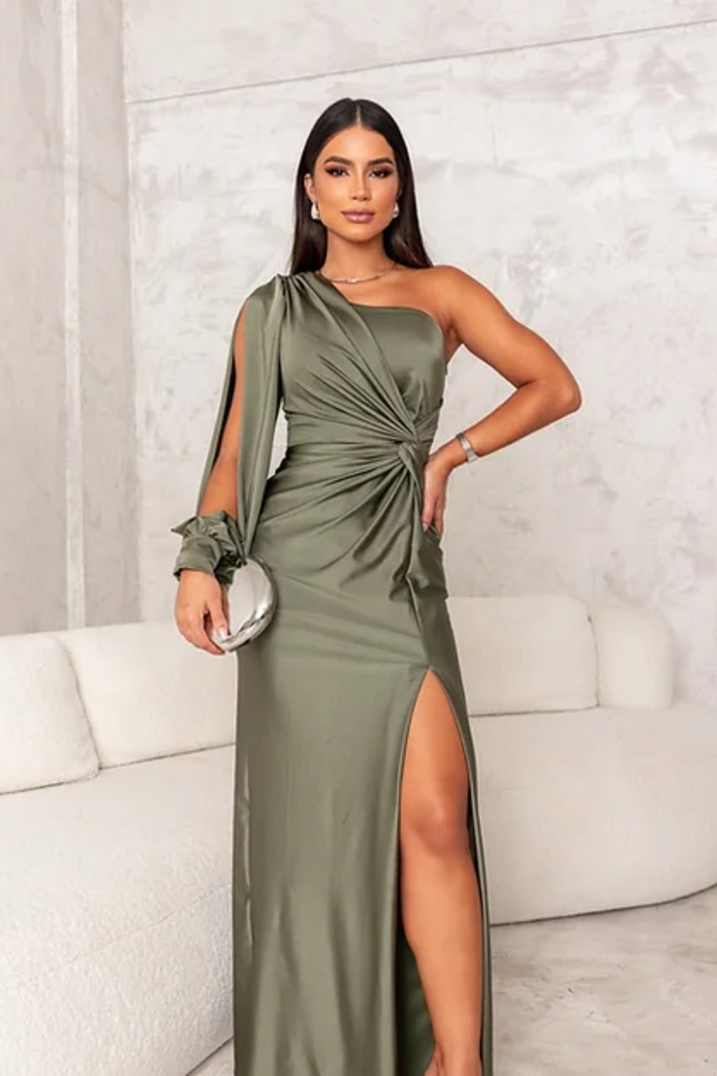 Marlowe | Women's Satin One-Shoulder Ruched Split Maxi Dress