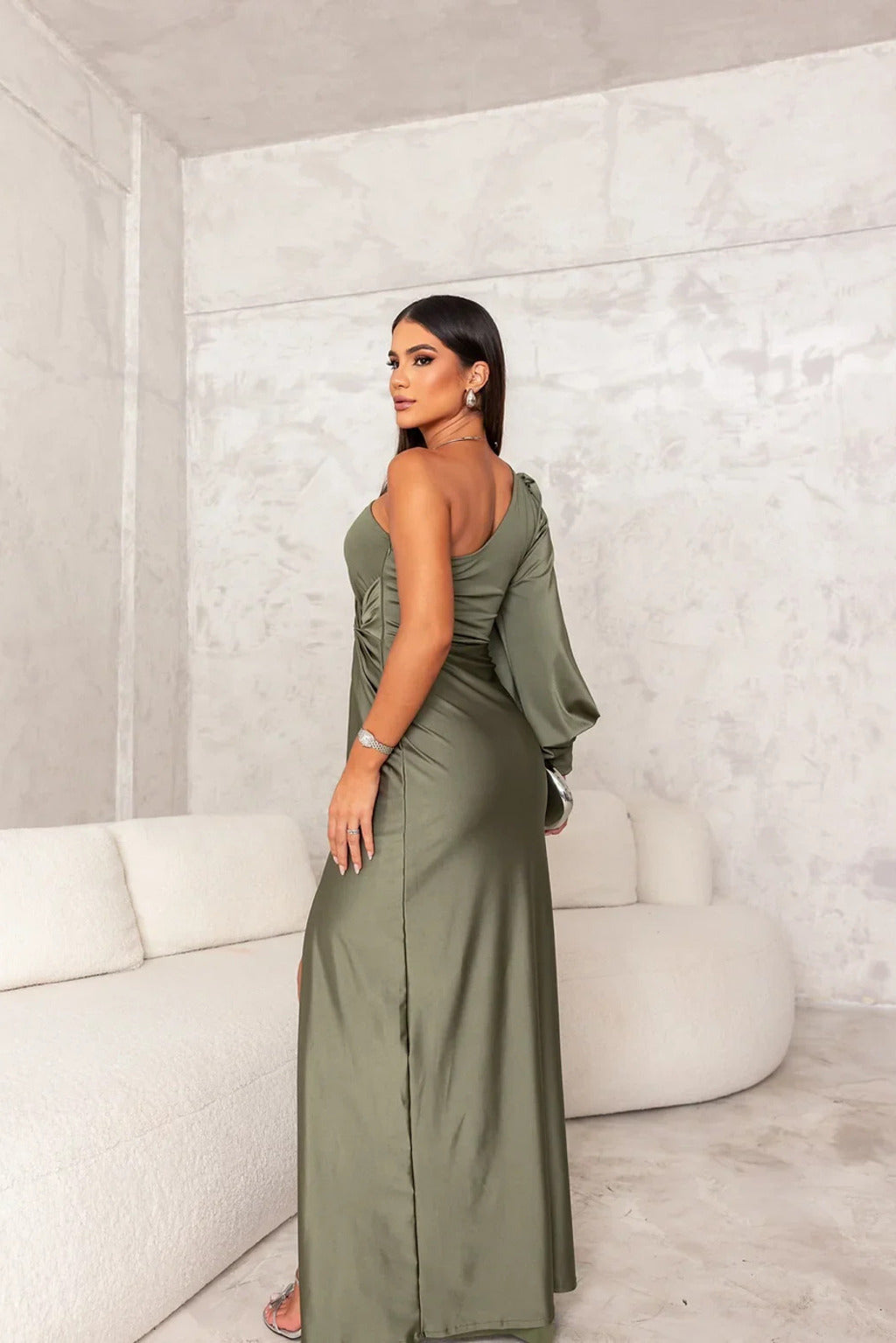 Marlowe | Women's Satin One-Shoulder Ruched Split Maxi Dress