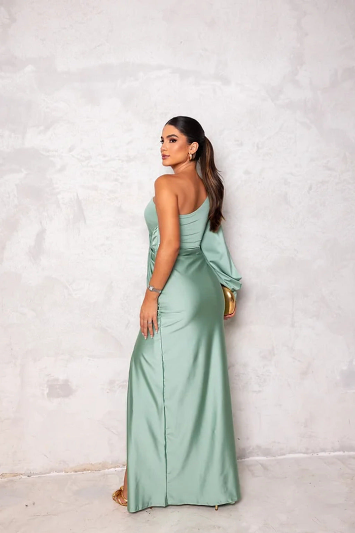 Marlowe | Women's Satin One-Shoulder Ruched Split Maxi Dress