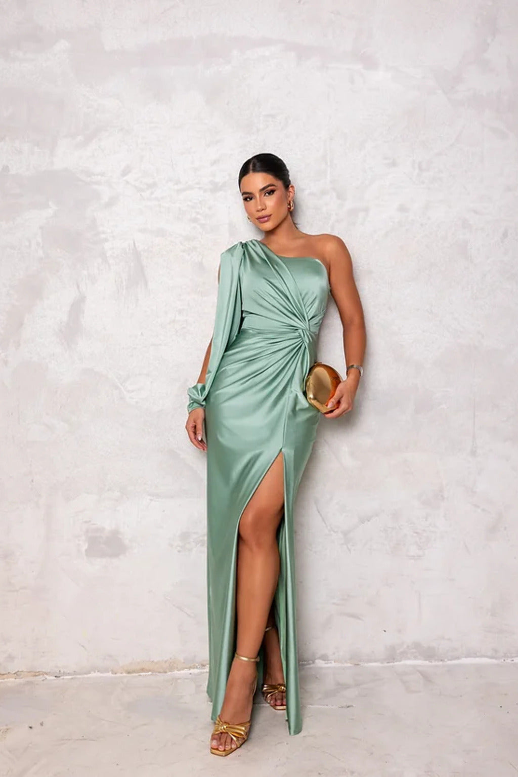 Marlowe | Women's Satin One-Shoulder Ruched Split Maxi Dress