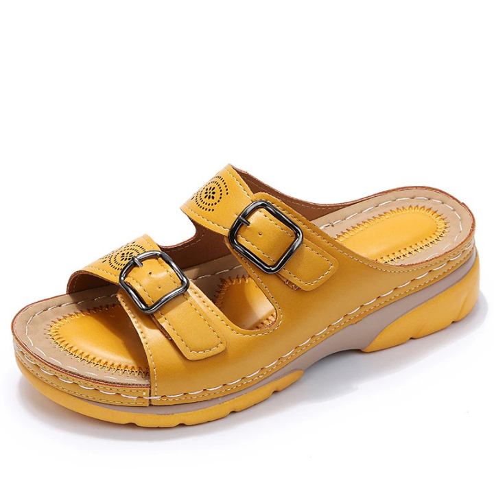 Masey | Women's Leather Dual-Strap Buckle Wedge Slide Sandals