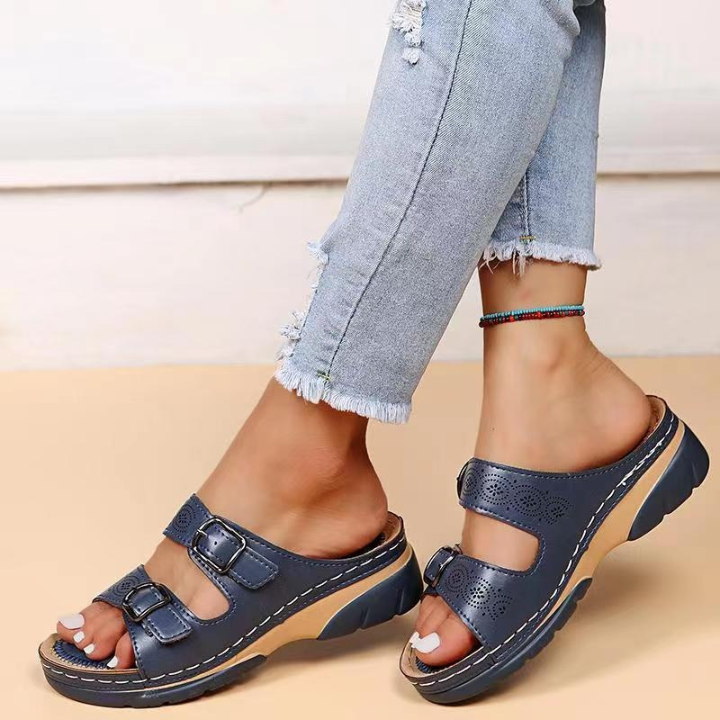 Masey | Women's Leather Dual-Strap Buckle Wedge Slide Sandals