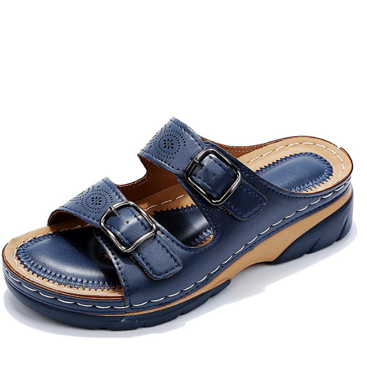Masey | Women's Leather Dual-Strap Buckle Wedge Slide Sandals
