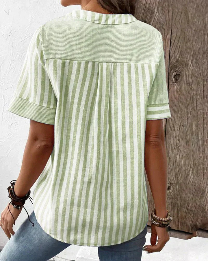 Mette | Women's Cotton Pintuck Pleat Henley Short Sleeve Top