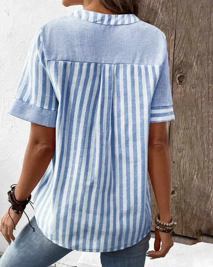 Mette | Women's Cotton Pintuck Pleat Henley Short Sleeve Top