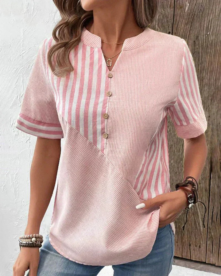 Mette | Women's Cotton Pintuck Pleat Henley Short Sleeve Top