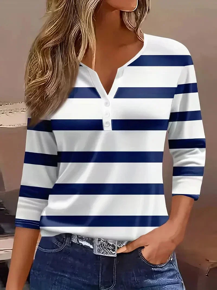 Mette | Women's Cotton Stripe V-Neck Button Casual Top