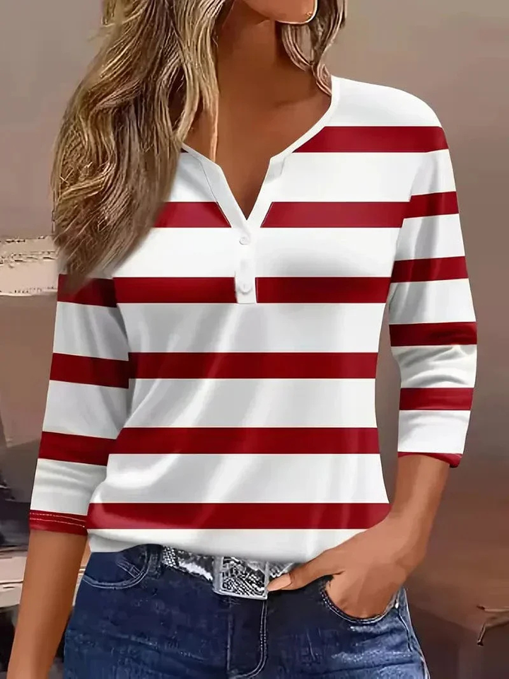 Mette | Women's Cotton Stripe V-Neck Button Casual Top