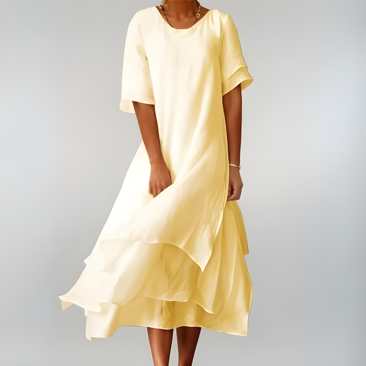 Mette | Women's Linen Short-Sleeve Tiered Ruffle Midi Dress