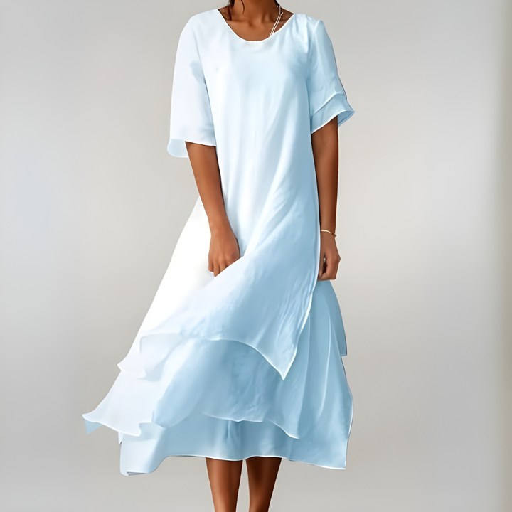 Mette | Women's Linen Short-Sleeve Tiered Ruffle Midi Dress