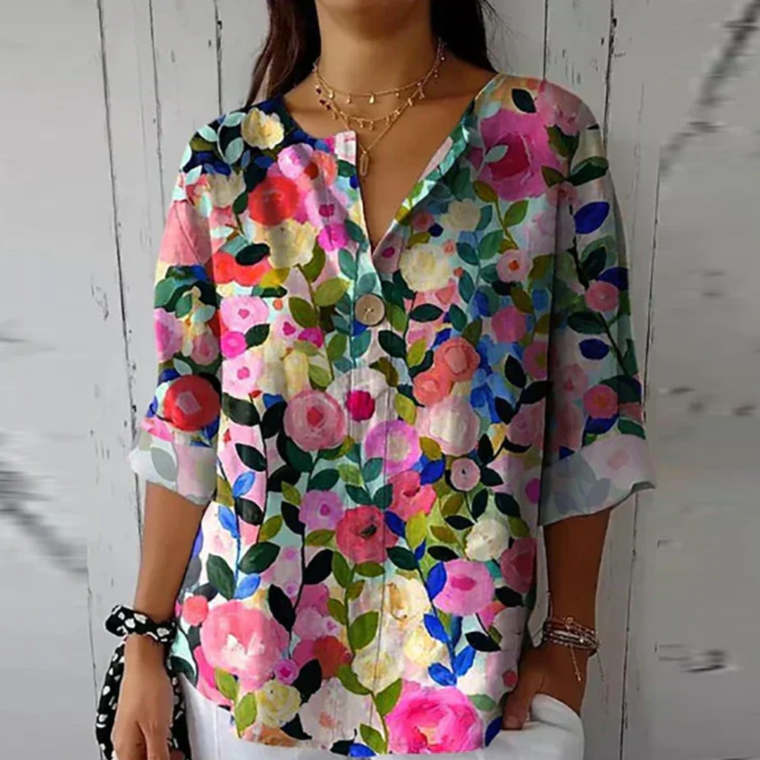 Mette | Women's Silk Floral Print V-Neck Relaxed Blouse
