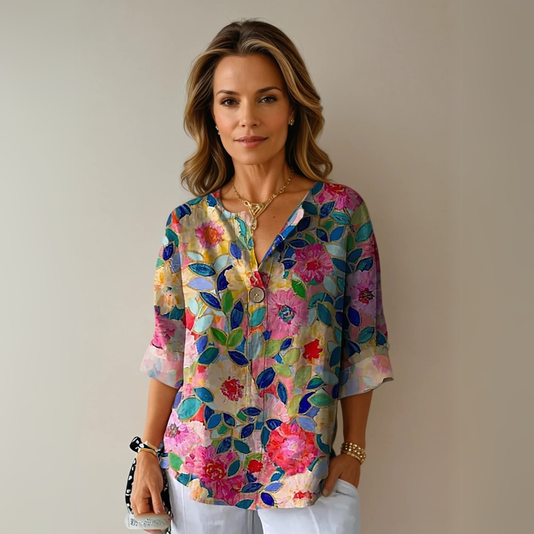 Mette | Women's Silk Floral Print V-Neck Relaxed Blouse