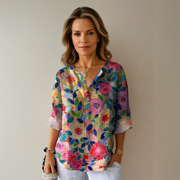 Mette | Women's Silk Floral Print V-Neck Relaxed Blouse