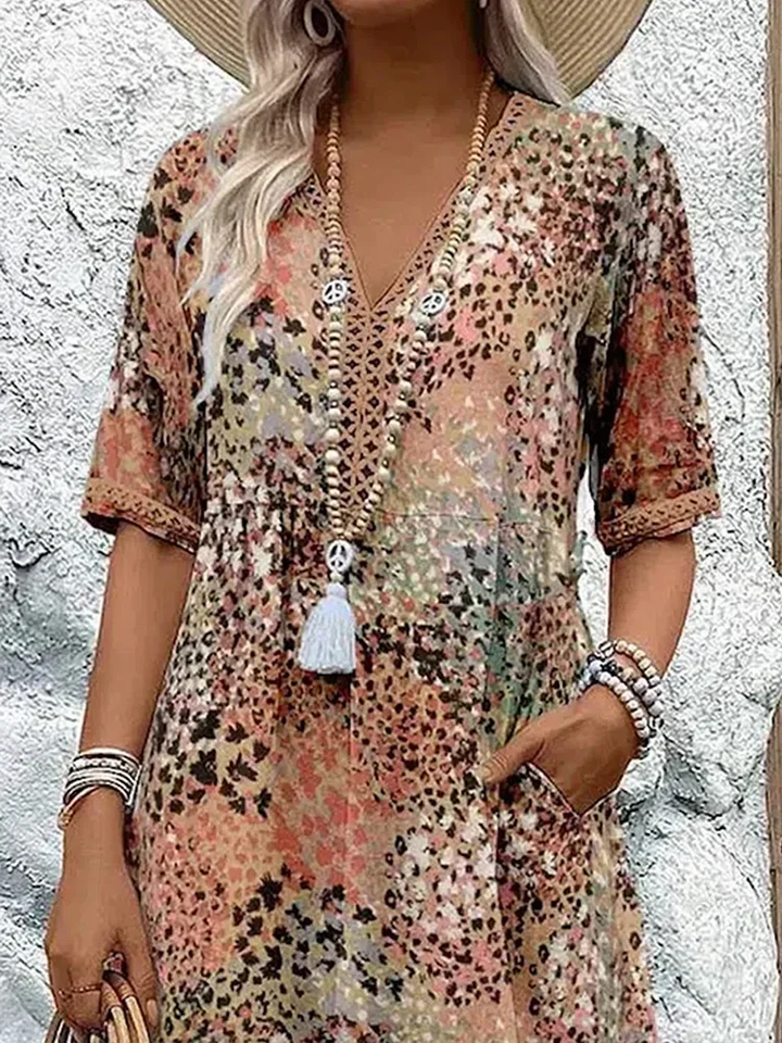 Moxie | Women's Cotton Print V-Neck Relaxed Midi Dress