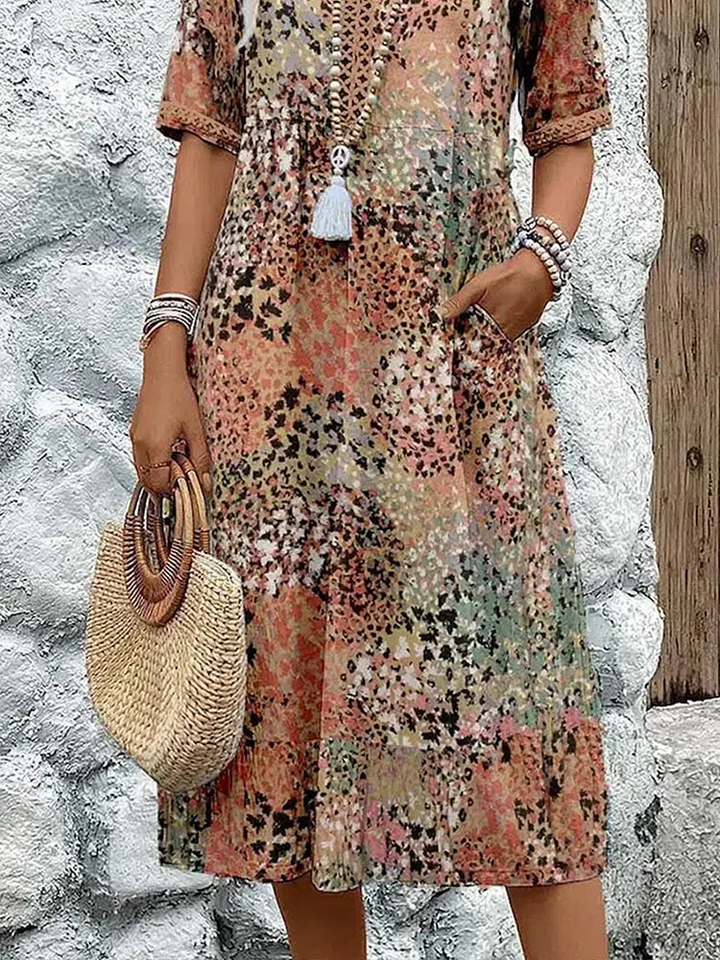 Moxie | Women's Cotton Print V-Neck Relaxed Midi Dress