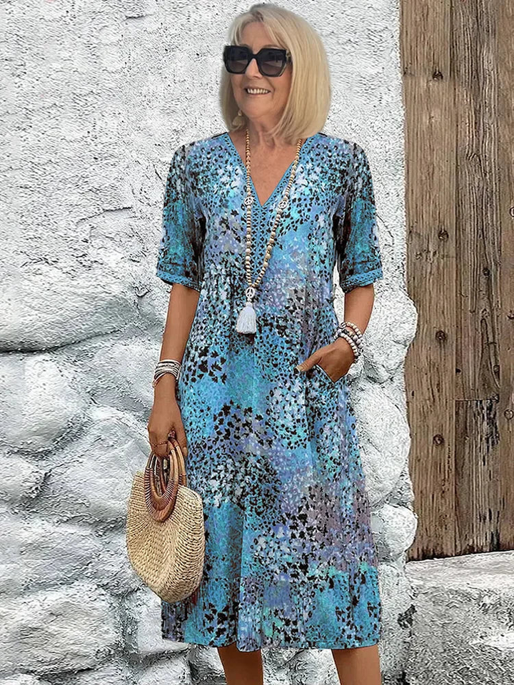 Moxie | Women's Cotton Print V-Neck Relaxed Midi Dress