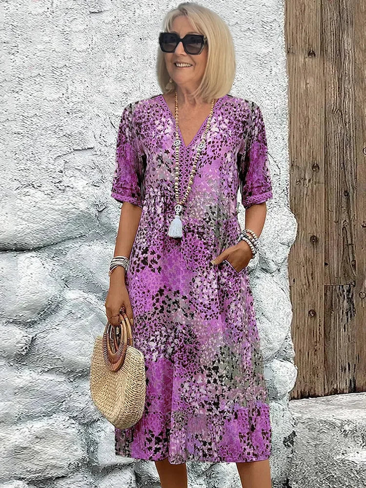 Moxie | Women's Cotton Print V-Neck Relaxed Midi Dress