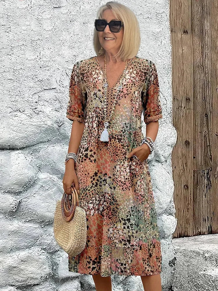 Moxie | Women's Cotton Print V-Neck Relaxed Midi Dress