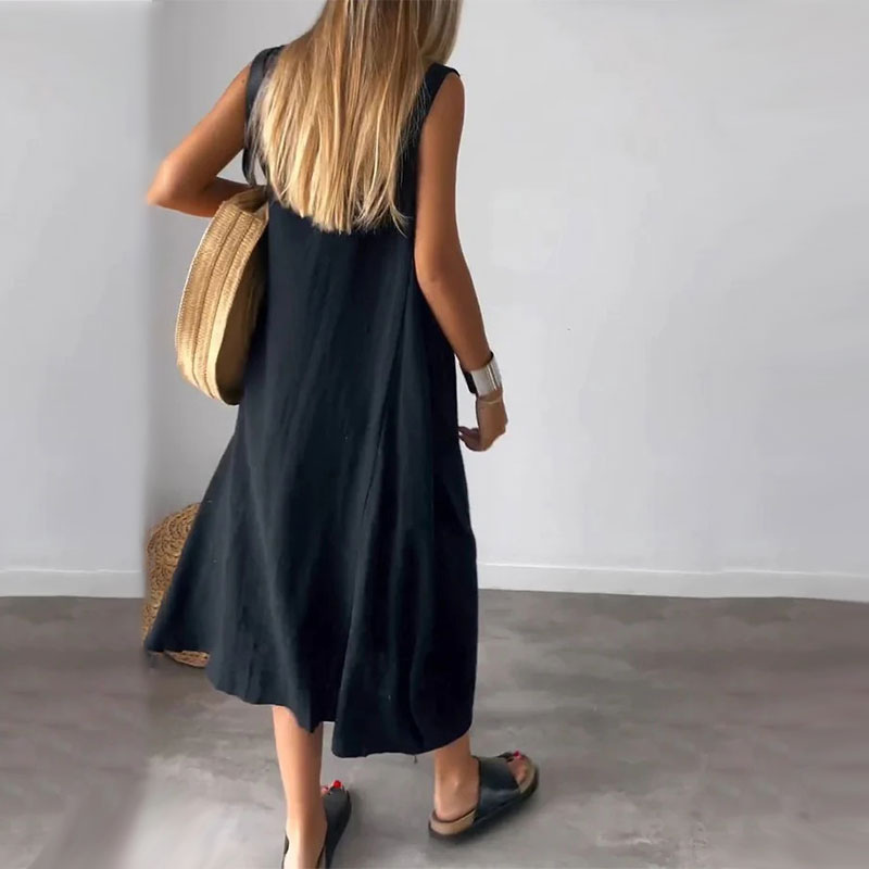 Neve | Women's Linen Sleeveless V-Neck Relaxed Midi Dress