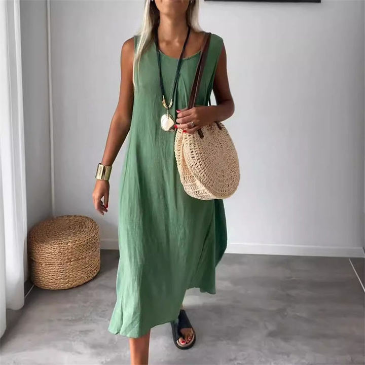 Neve | Women's Linen Sleeveless V-Neck Relaxed Midi Dress
