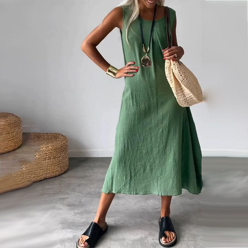 Neve | Women's Linen Sleeveless V-Neck Relaxed Midi Dress