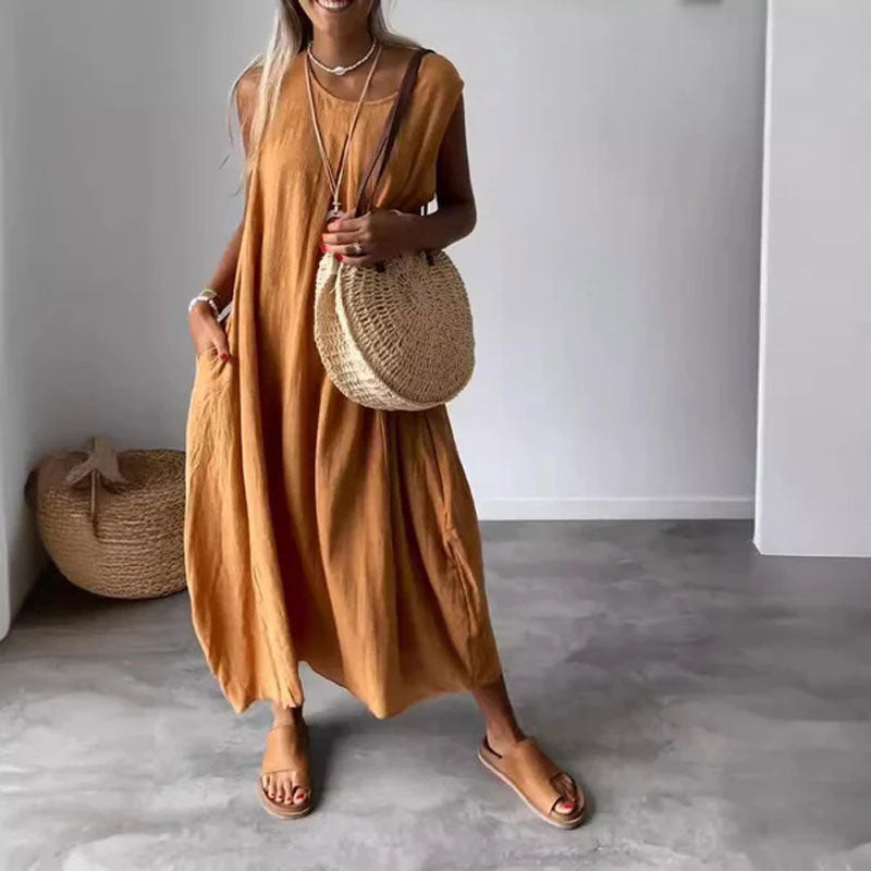 Neve | Women's Linen Sleeveless V-Neck Relaxed Midi Dress