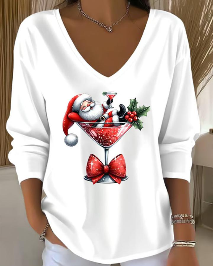 Noelle | Women's Cotton Christmas Graphic V-Neck Long-Sleeve Top