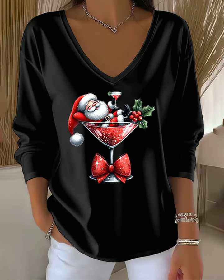 Noelle | Women's Cotton Christmas Graphic V-Neck Long-Sleeve Top