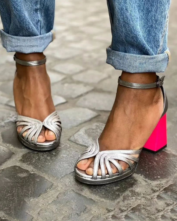 Noxe | Women's Silver Leather Metallic Strappy Colourblock Block Heel Sandals