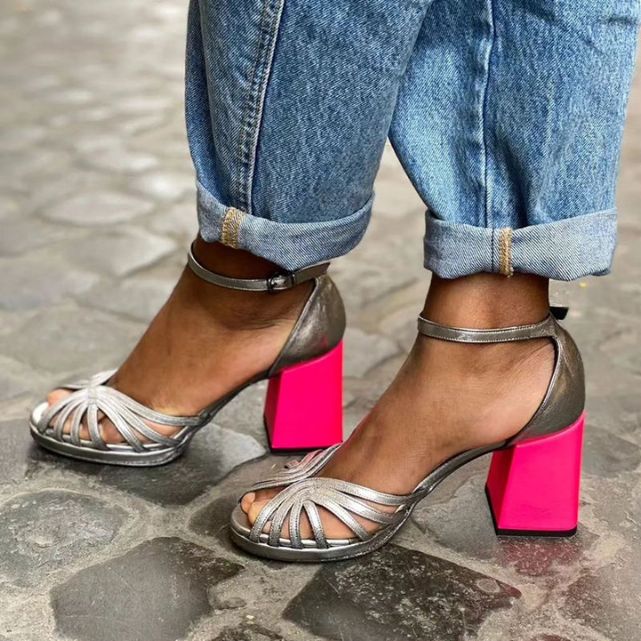 Noxe | Women's Silver Leather Metallic Strappy Colourblock Block Heel Sandals