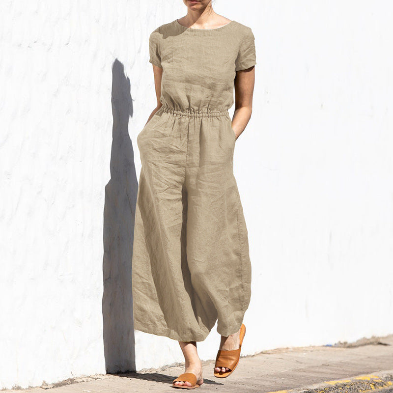 Classic Short-Sleeve Linen Jumpsuit | Relaxed Fit