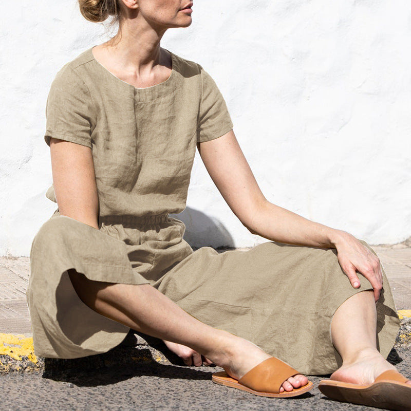 Classic Short-Sleeve Linen Jumpsuit | Relaxed Fit