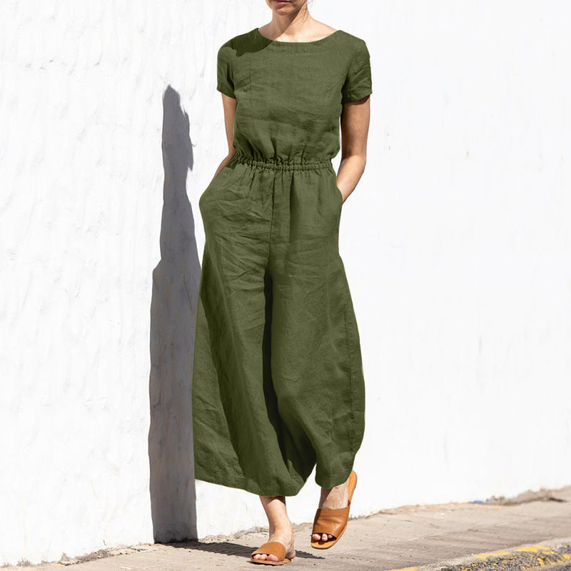 Classic Short-Sleeve Linen Jumpsuit | Relaxed Fit