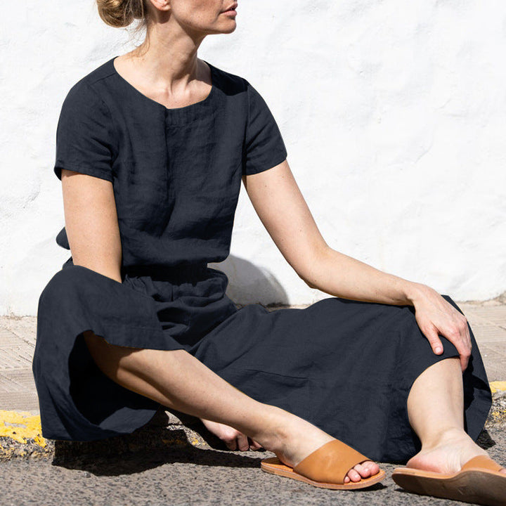 Classic Short-Sleeve Linen Jumpsuit | Relaxed Fit