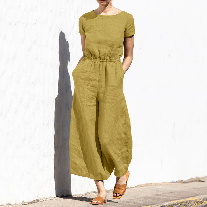 Classic Short-Sleeve Linen Jumpsuit | Relaxed Fit