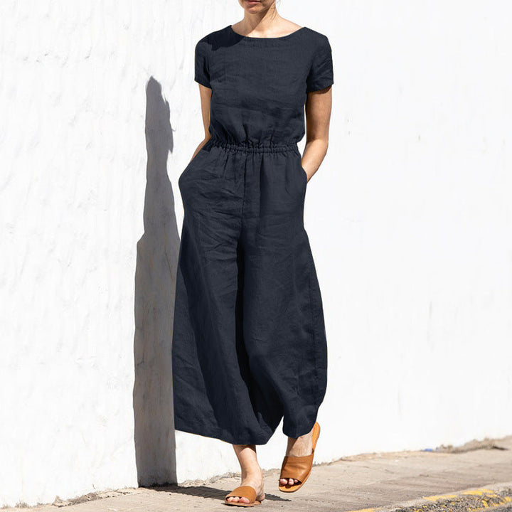 Classic Short-Sleeve Linen Jumpsuit | Relaxed Fit