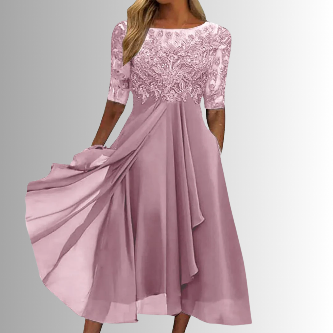 Odette | Women's Chiffon Lace-Bodice Short-Sleeve Midi Dress Elegant