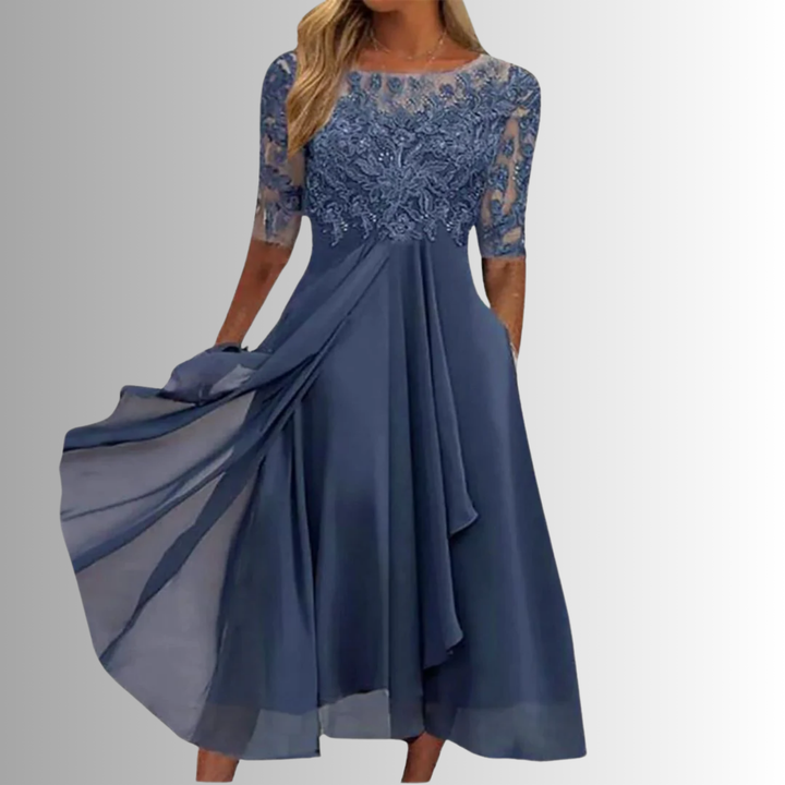 Odette | Women's Chiffon Lace-Bodice Short-Sleeve Midi Dress Elegant