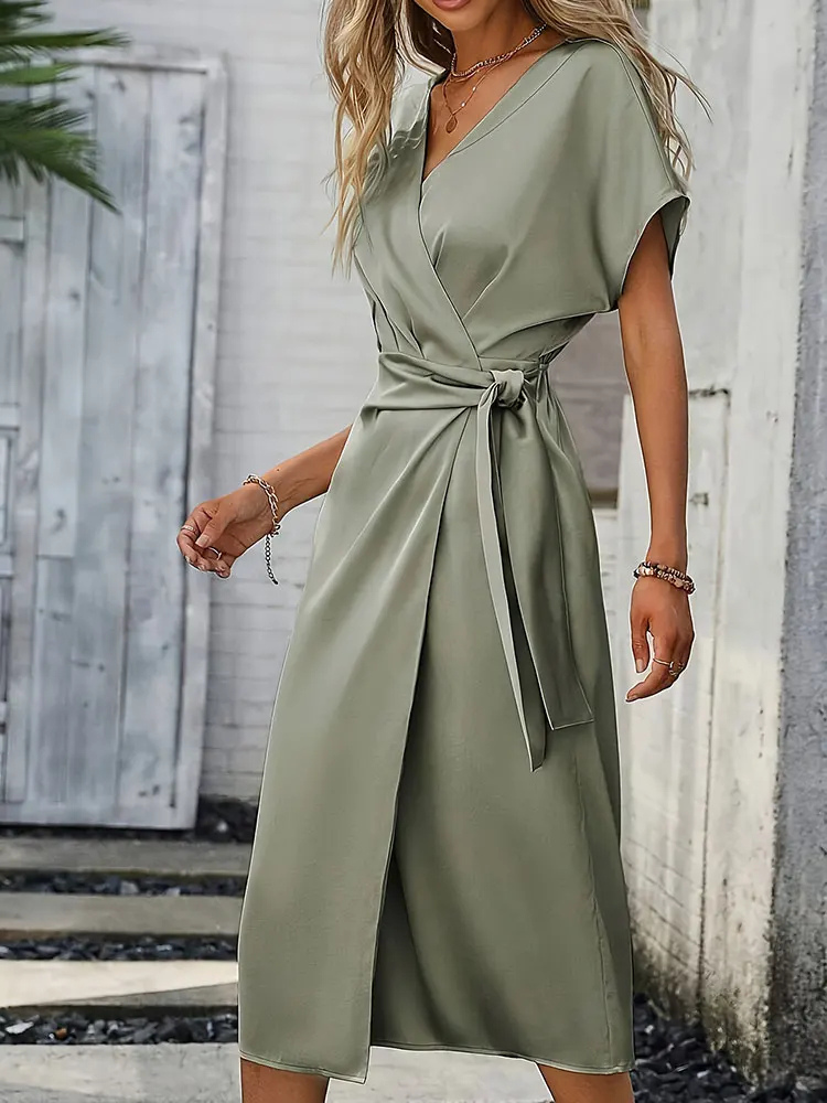 Ophelia | Women's Green Satin V-Neck Tie-Waist Wrap Midi Dress