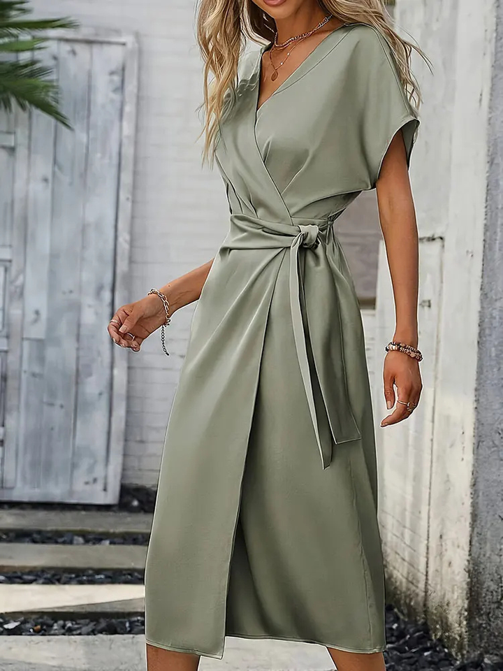 Ophelia | Women's Green Satin V-Neck Tie-Waist Wrap Midi Dress