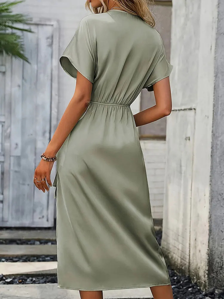 Ophelia | Women's Green Satin V-Neck Tie-Waist Wrap Midi Dress