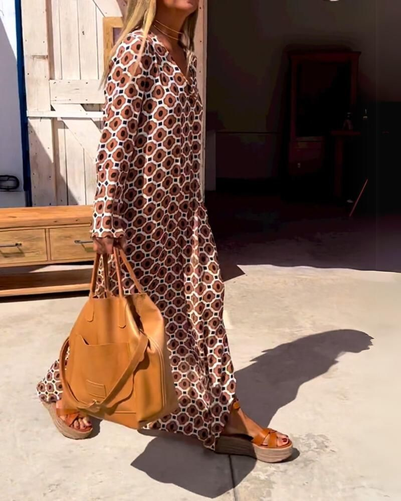 Ottilie | Women's Cotton Geo Print Long-Sleeve V-Neck Maxi Dress